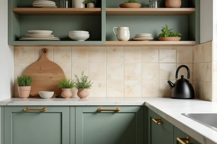 Coin cuisine tendance avec armoires vert sauge, quincaillerie en laiton brossé, carreaux Zellige et étagères ouvertes avec céramiques artisanales