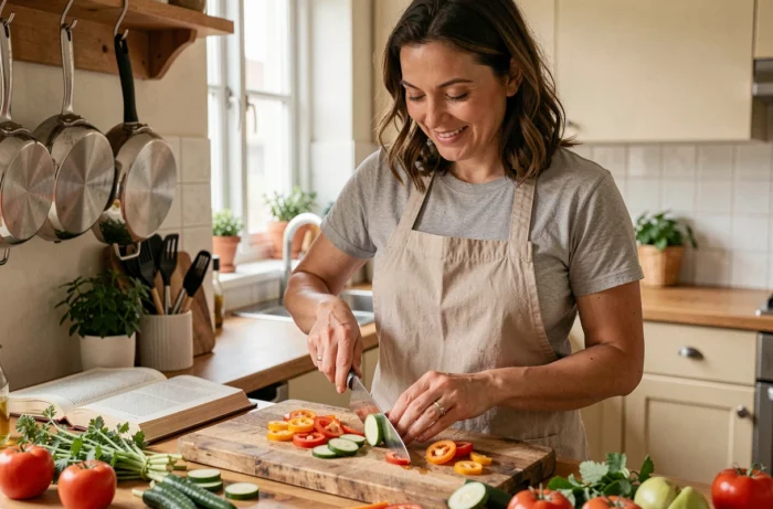 Femme préparant des légumes frais à la maison avec un tablier, illustrant les bienfaits de cuisiner soi-même pour mieux contrôler son alimentation