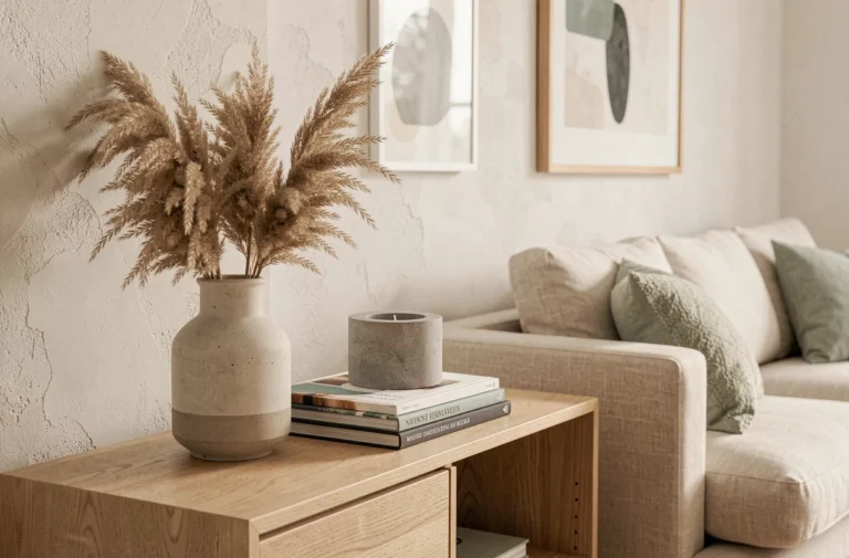 Vignette décorative minimaliste scandinave avec vase en céramique, herbes de pampa séchées et bougeoir en béton sur un buffet en chêne clair