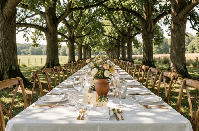 Table de réception de mariage en plein air décorée de fleurs sauvages, vaisselle dorée et verres en cristal sous les arbres en Provence