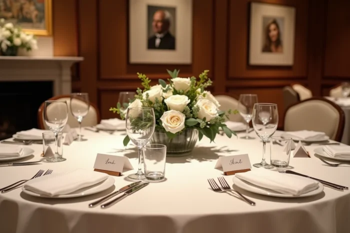 Table de réception de mariage élégante et intime avec décoration florale en roses blanches et verrerie en cristal