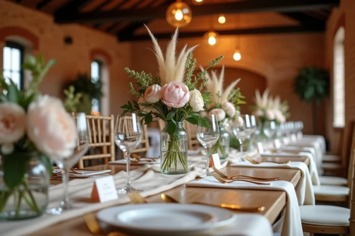Table de réception de mariage rustique chic décorée de pivoines roses, pampa et couverts dorés dans une salle aux murs en brique