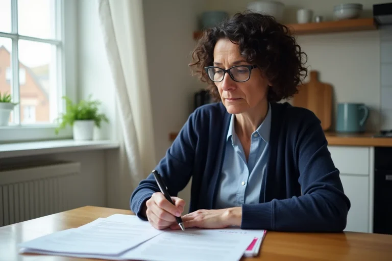 Femme remplissant un dossier de demande de logement HLM à son domicile