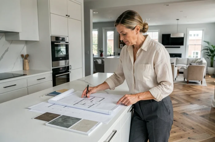 Designer intérieure consultant des plans dans une cuisine moderne de maison clé en main