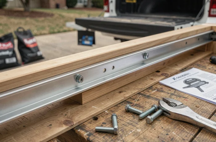 Gros plan sur les glissières en aluminium vissées sous un plateau coulissant en bois pour pick-up