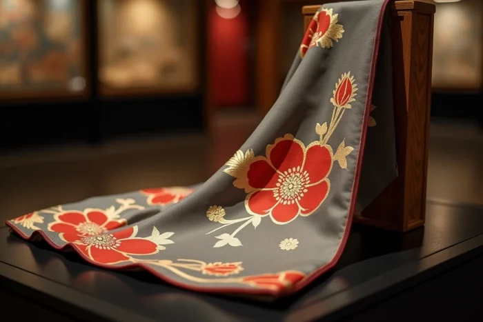 Détail d'une manche de kimono en soie peinte à la main exposée sur un présentoir en bois laqué dans un musée textile japonais