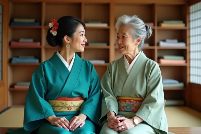 Deux femmes japonaises de générations différentes en kimono illustrant l'évolution de la longueur des manches selon l'âge et le statut