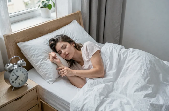 Femme dormant paisiblement dans un lit aux draps blancs avec un réveil indiquant sept heures de sommeil, illustrant l'importance du repos pour la perte de poids
