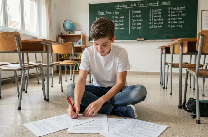 Jeune élève révisant des sujets de rédaction corrigés imprimés sur le sol d'une salle de classe française avec un stylo rouge