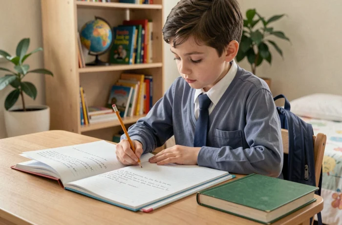 Élève de 6ème écrivant une rédaction en français sur un bureau en bois avec des cahiers ouverts et des manuels scolaires