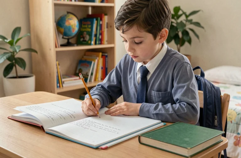 Élève de 6ème écrivant une rédaction en français sur un bureau en bois avec des cahiers ouverts et des manuels scolaires