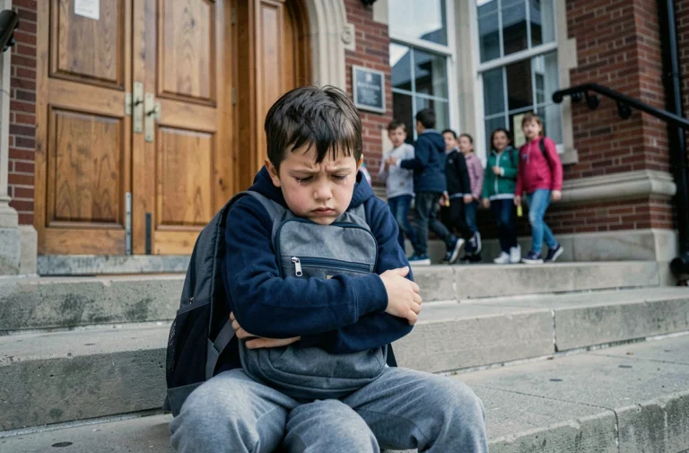 Jeune garçon anxieux assis sur les marches d'une école tenant son cartable contre lui, illustrant la peur de l'école ou didaskaleinophobie