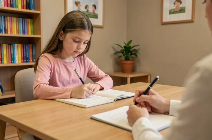 Jeune fille en consultation chez un psychologue pour enfants dessinant dans un carnet, dans le cadre d'un accompagnement de la didaskaleinophobie