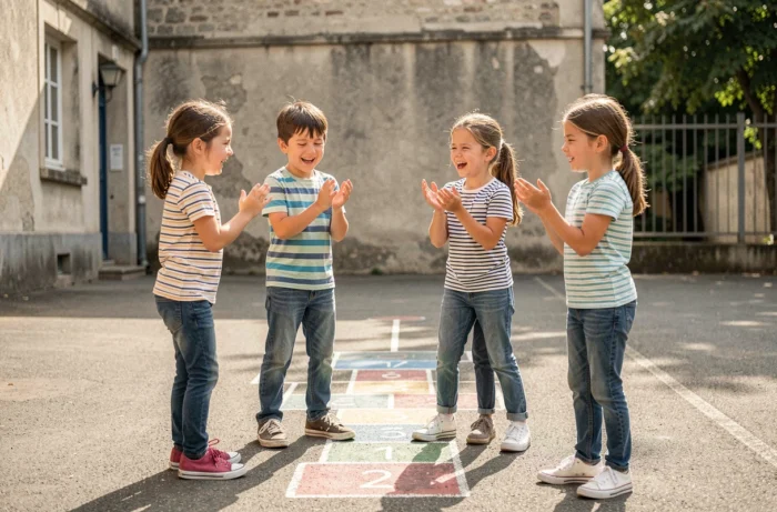 Enfants français jouant à un jeu de mains traditionnel dans une cour d'école, illustrant l'origine de la comptine Haut les mains peau de lapin