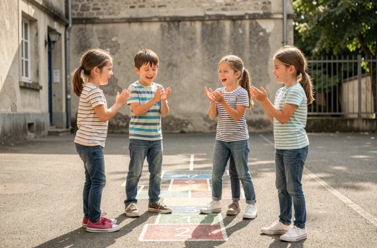 Enfants français jouant à un jeu de mains traditionnel dans une cour d'école, illustrant l'origine de la comptine Haut les mains peau de lapin