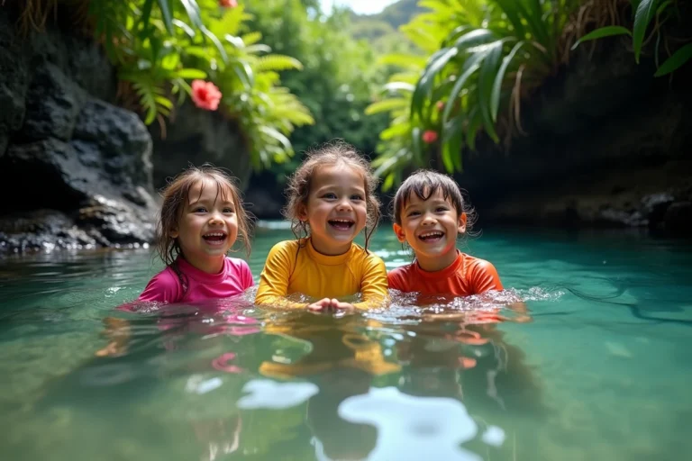 Enfants jouant dans une piscine naturelle de roches volcaniques à La Réunion pendant les vacances scolaires