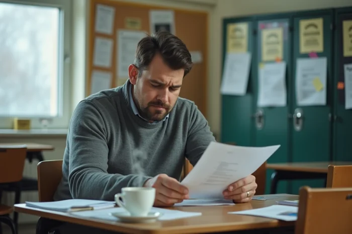 Enseignant masculin analysant des documents administratifs dans la salle des professeurs, symbolisant les interrogations sur le statut des enseignants après 2026