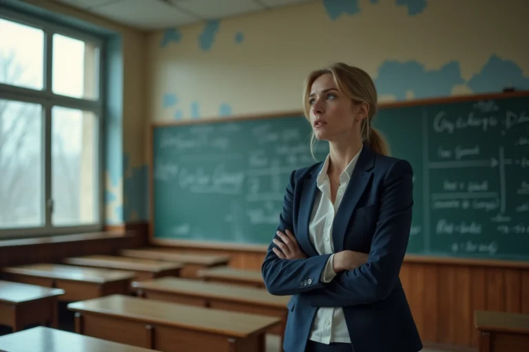 Enseignante pensive devant un tableau noir dans une salle de classe vide, illustrant l'incertitude de l'avenir des professeurs après la fin du pacte enseignant en 2026