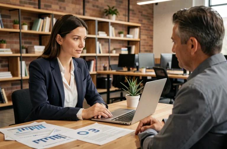 Entrepreneur femme accompagnée par un mentor dans une couveuse d'entreprises moderne