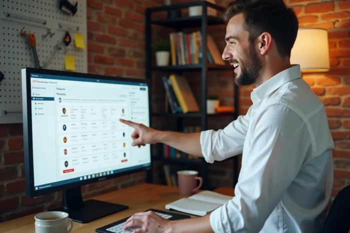 Jeune entrepreneur présentant les fonctionnalités du CRM gratuit HubSpot sur un écran dans son bureau à domicile