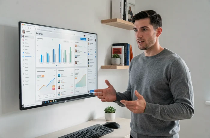 Entrepreneur analysant ses statistiques Instagram sur un grand écran dans un bureau minimaliste