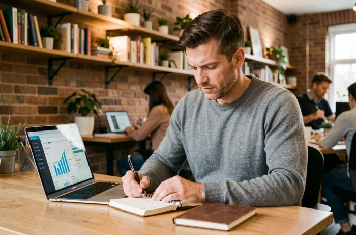 Entrepreneur concentré prenant des notes dans un carnet en cuir avec un tableau de bord de croissance d'entreprise sur ordinateur portable dans un espace de coworking