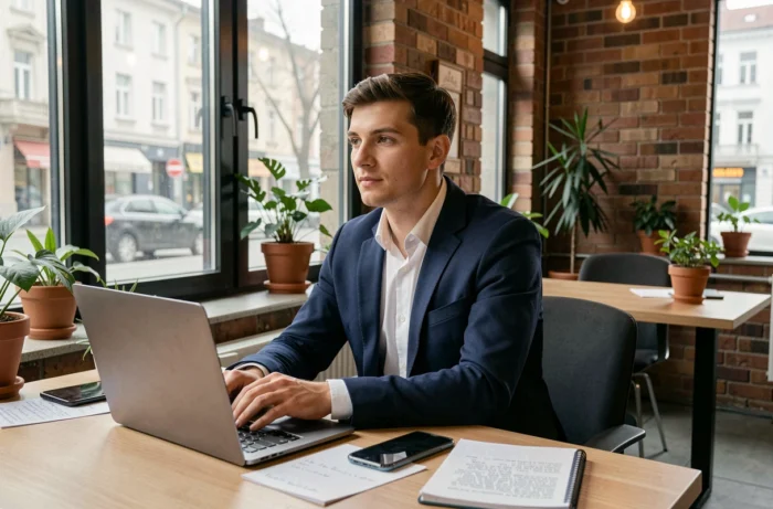 Jeune entrepreneur roumain travaillant sur son laptop dans un espace de coworking moderne à Bucarest