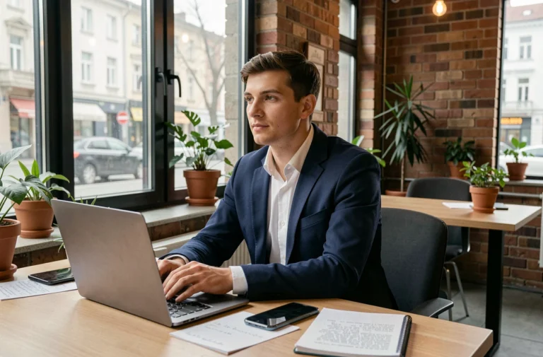 Jeune entrepreneur roumain travaillant sur son laptop dans un espace de coworking moderne à Bucarest