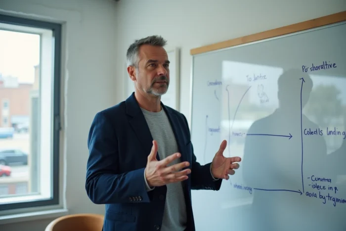 Entrepreneur expérimenté présentant une stratégie de développement d'entreprise sur un tableau blanc dans un bureau startup
