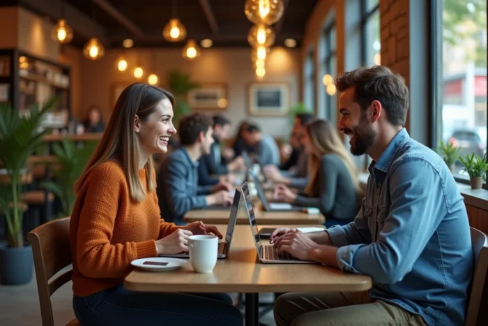 Deux jeunes entrepreneurs en réunion de travail informelle dans un café urbain avec ordinateurs portables et documents