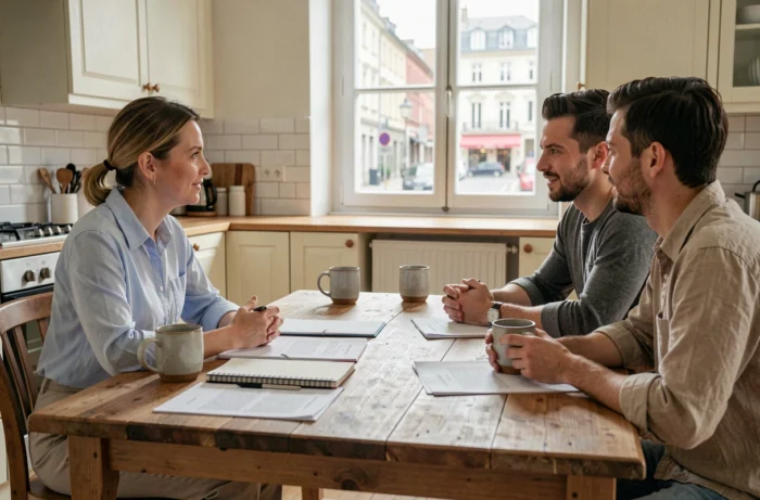 Parents rencontrant une candidate nounou autour d'une table dans une cuisine moderne à Besançon