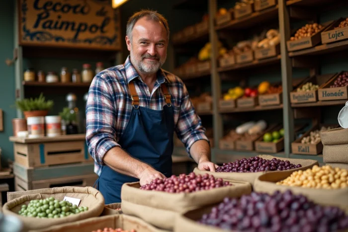 Épicier breton arrangeant des haricots coco de Paimpol dans une épicerie fine traditionnelle