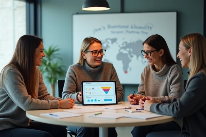 Équipe commerciale collaborant autour du CRM HubSpot gratuit lors d'une réunion en salle de conférence