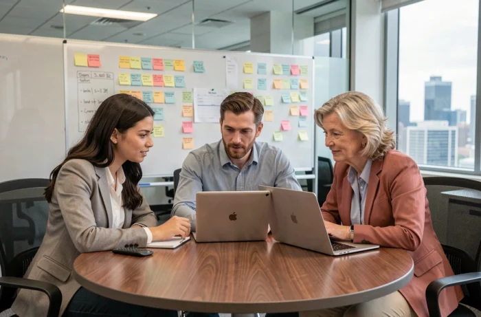 Équipe diverse en session de formation professionnelle en ligne autour d'une table de réunion en entreprise