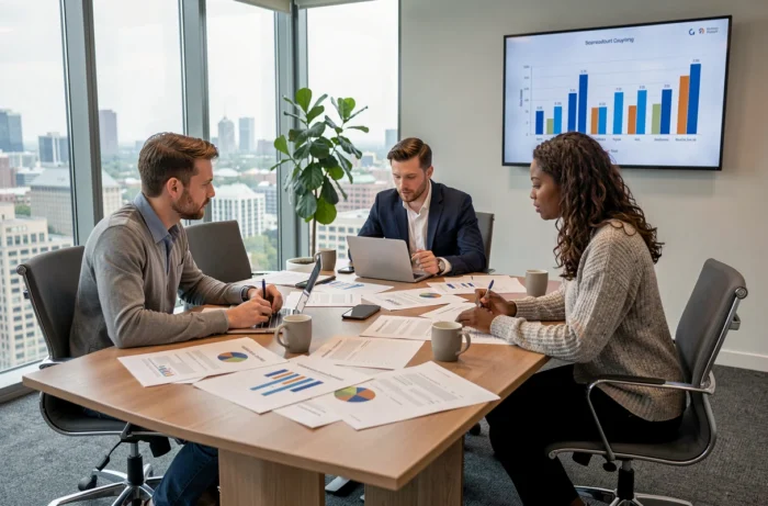 Équipe de professionnels en réunion de planification stratégique autour d'une table de conférence avec des rapports et ordinateurs portables