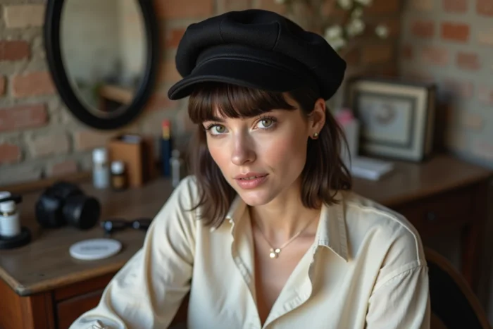 Femme essayant un béret noir avec frange droite devant un miroir vintage dans une chambre aux murs en brique