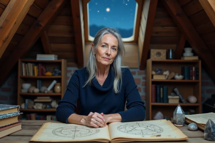 Femme étudiant des cartes stellaires et des symboles sacrés dans un bureau atelier sous les toits, représentant la quête spirituelle et l'exploration des dimensions supérieures