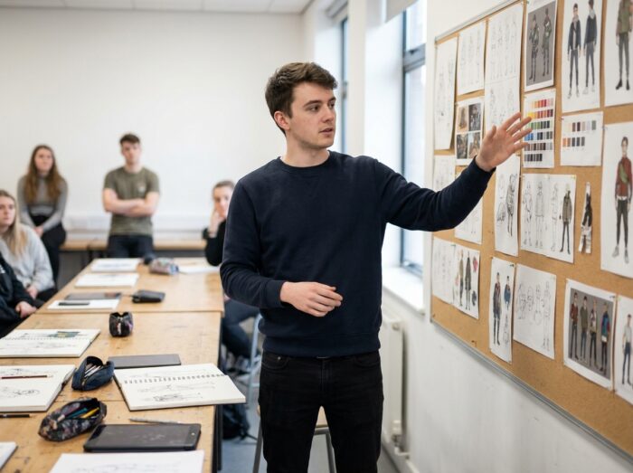 Étudiant en illustration présentant son portfolio lors d'une critique en école d'art