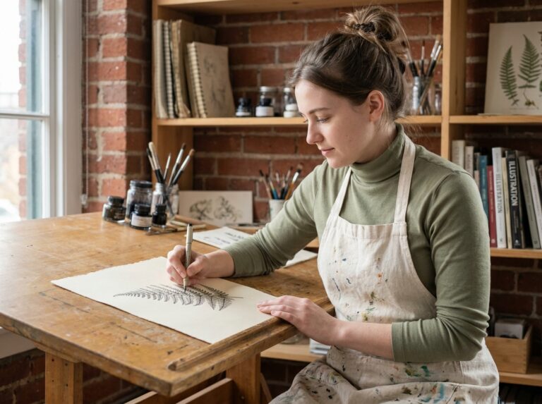 Étudiante en illustration dessinant à l'encre sur table à dessin dans un atelier artistique académique