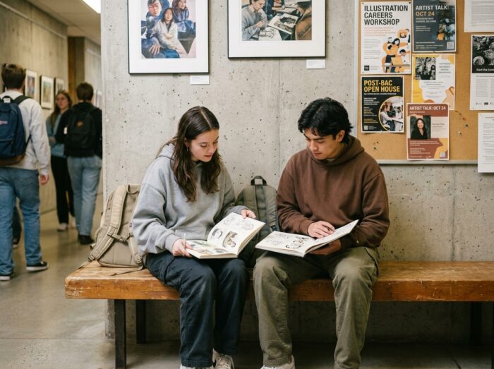 Deux étudiants consultant leurs carnets d'illustration dans le couloir d'une école d'art après le bac