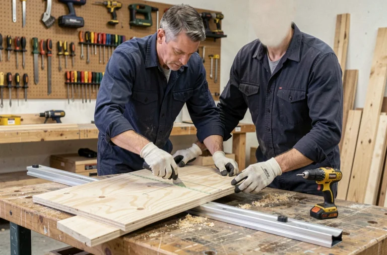 Homme mesurant une planche de contreplaqué dans un atelier pour fabriquer un plateau coulissant de pick-up