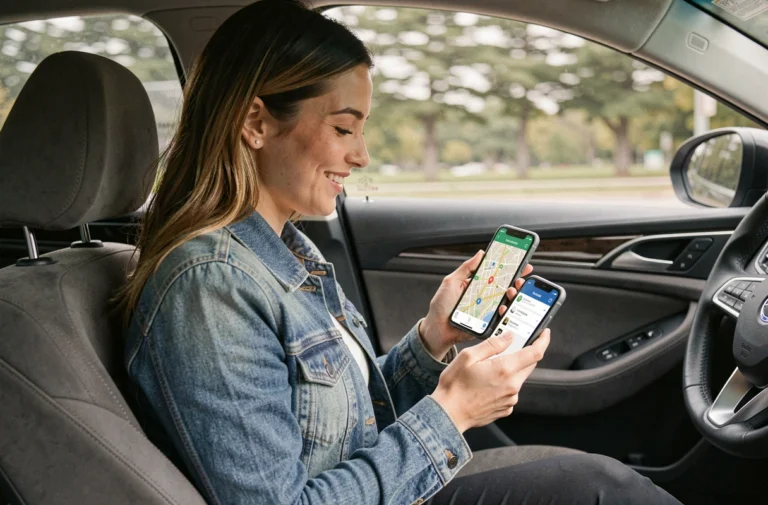 Femme utilisant une application de covoiturage sur smartphone dans une voiture en mouvement