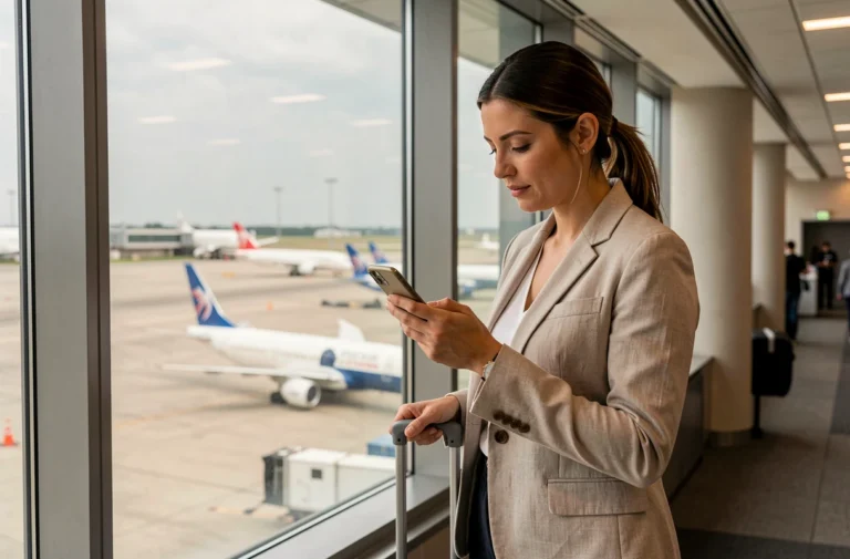 Femme consultant une application de vols flexibles sur son smartphone dans un terminal d'aéroport