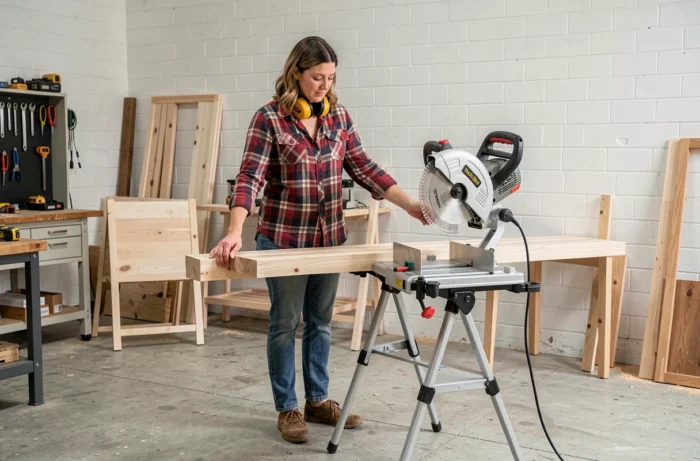 Femme inspectant une pièce de bois coupée avec la scie circulaire radiale Tacklife PMS03A dans un atelier de garage aménagé
