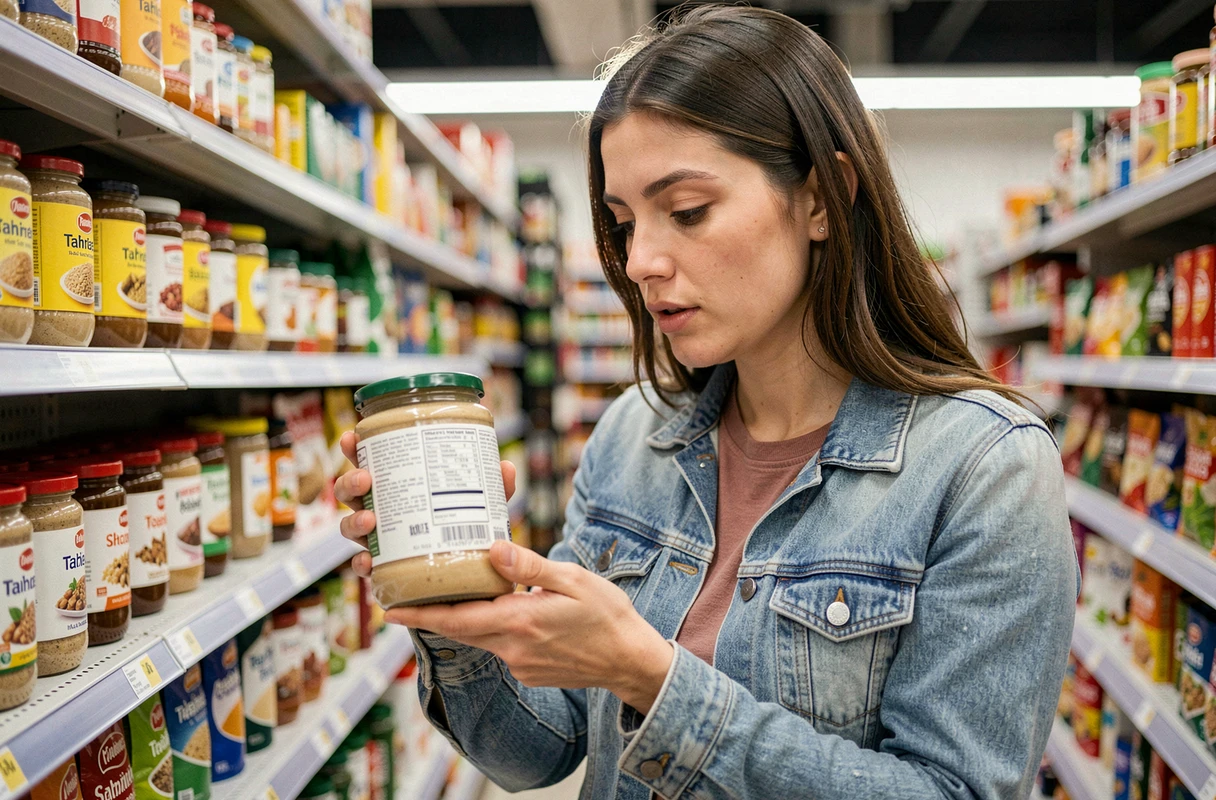 Femme lisant l'étiquette d'un pot de tahini dans le rayon condiments d'un supermarché