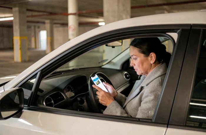 Femme consultant son téléphone dans sa voiture pour contacter le service dépannage Groupama