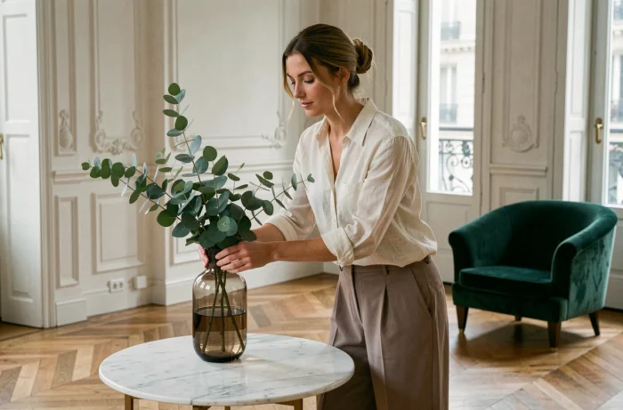 Femme arrangeant des branches d'eucalyptus dans un vase en verre fumé sur une table basse en marbre dans un appartement parisien stylé