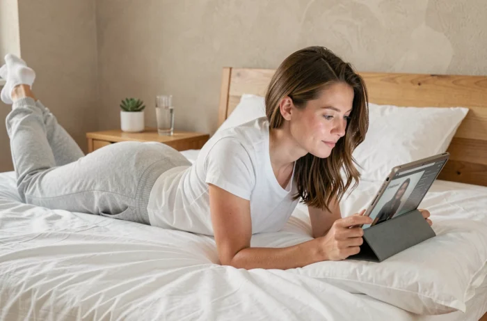 Femme détendue lisant un ebook sur une tablette allongée sur un lit dans une chambre de style scandinave