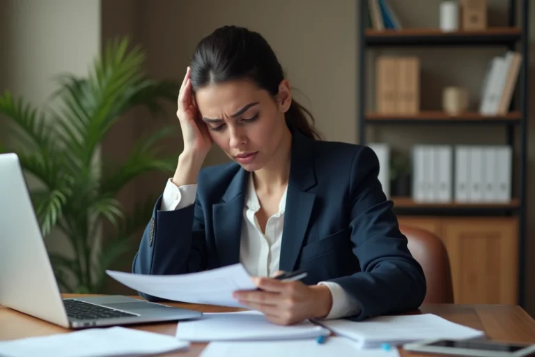 Femme frustrée remplissant un formulaire de demande d'acte de naissance avec des documents administratifs sur un bureau