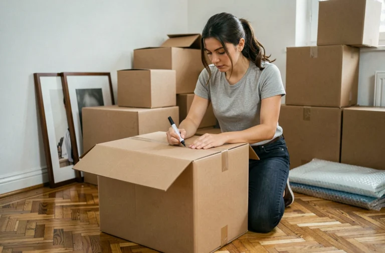 Femme organisant et étiquetant des cartons de déménagement dans un appartement partiellement vidé